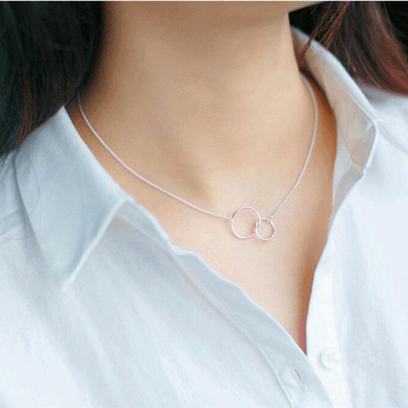 Modern Elegant Double Circle Interlock Amazing Clavicle Short Necklace Silver Color Luxury Necklace For Women Collares