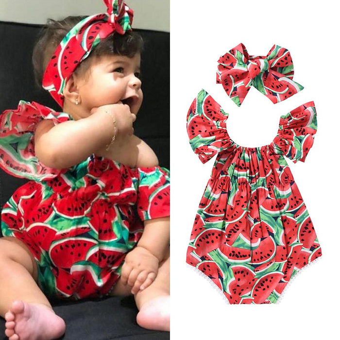 2PCS Newborn Baby Girl Watermelon Summer  Cute Bodysuit Jumpsuit Outfit WIth Bow For Girls