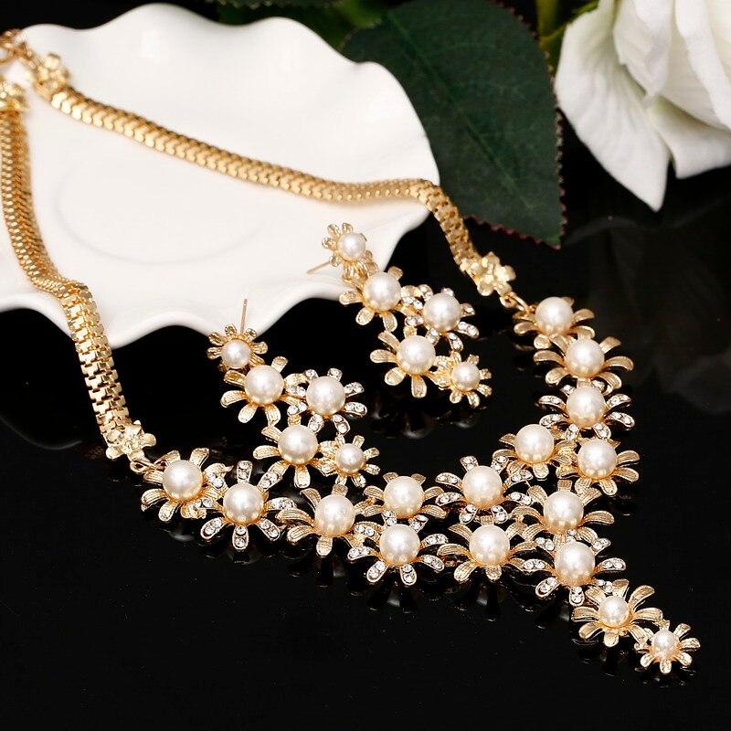 Bridal Simulated Pearl Jewellery Sets for Women's Dresses Accessories Cubic Necklace Earrings Set Gold Color