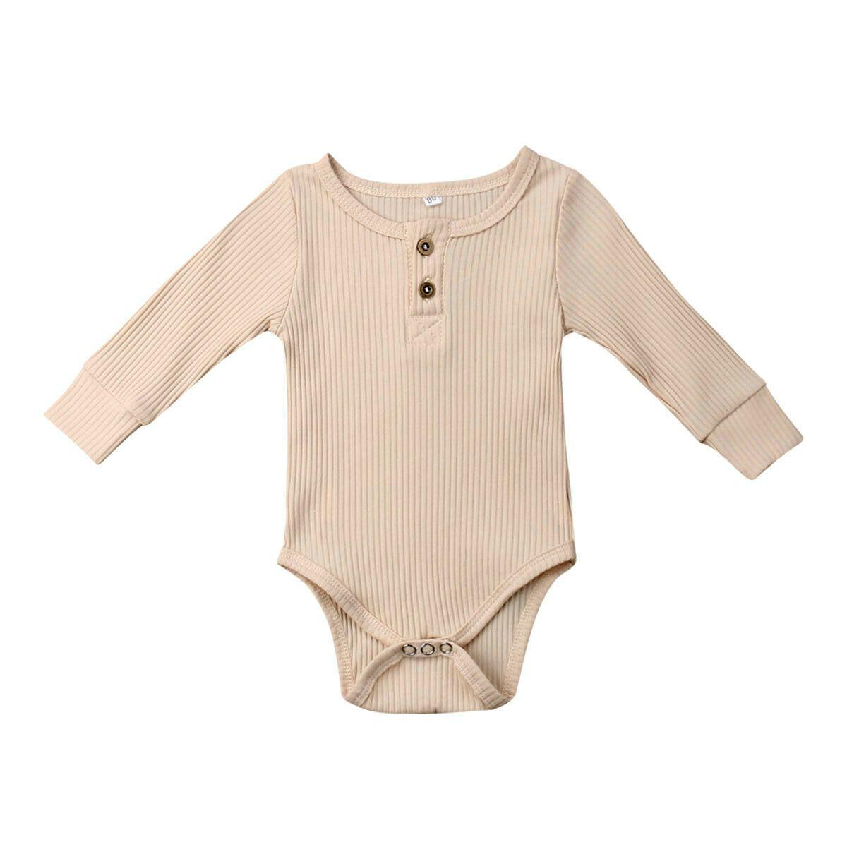 Newborn Infant Baby Girl Boy Ribbed Bodysuit  Ruffle  Long Sleeve One-Pieces Solid Jumpsuit Outfits For Girls