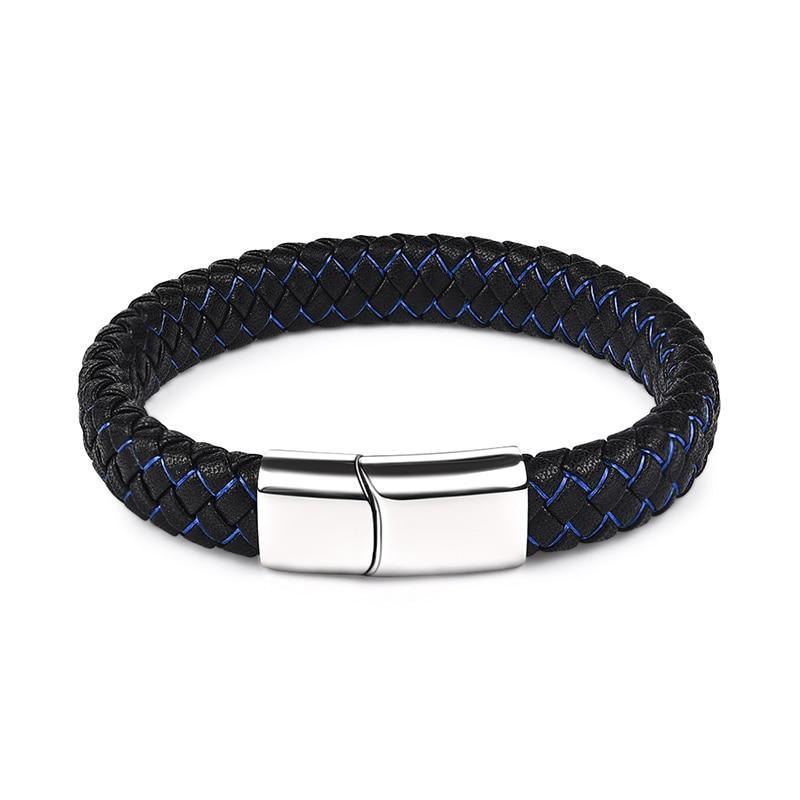 Handmade Luxury Modern Leather Black Blue Braided Leather Bracelet for Men Stainless Steel Design