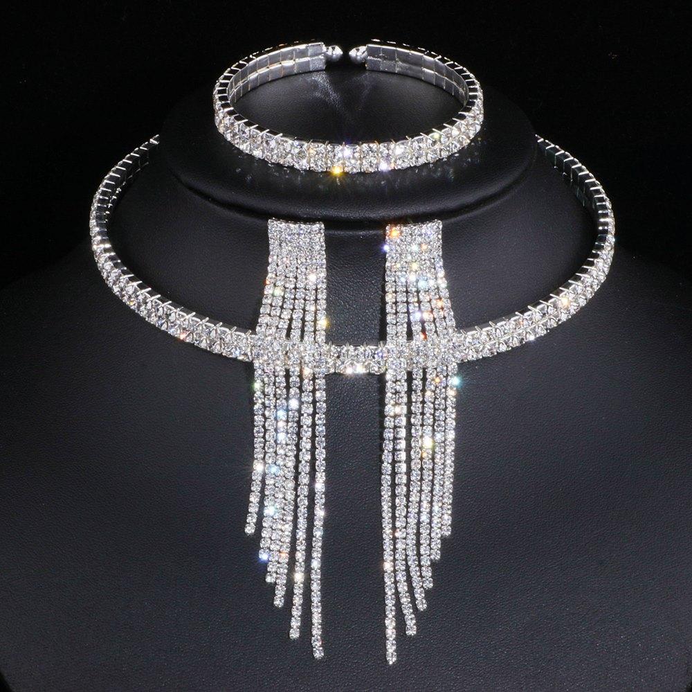 Classic Elegant Tassel Crystal Bridal Jewelry Sets In African Rhinestone Wedding Style  Necklace Earrings Bracelet Sets For Girls and Women