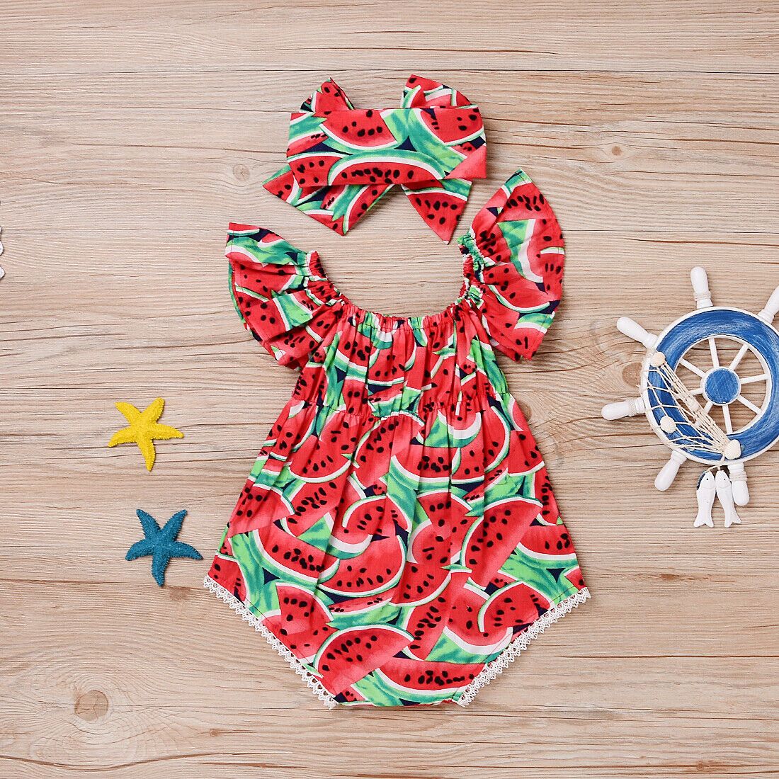 2PCS Newborn Baby Girl Watermelon Summer  Cute Bodysuit Jumpsuit Outfit WIth Bow For Girls