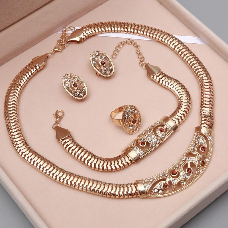 Luxury Gold Jewelry Sets Earrings Necklace Brecelet Ring Wedding African Beads Crystal Bridal Jewellery Set Rhinestone Ethiopian Jewelry