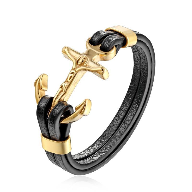 Genuine Leather Anchor Bracelet Men Lion Double Wolf Shackles Stainless Steel Charm Bracelets Wristband Fashion Jewelry