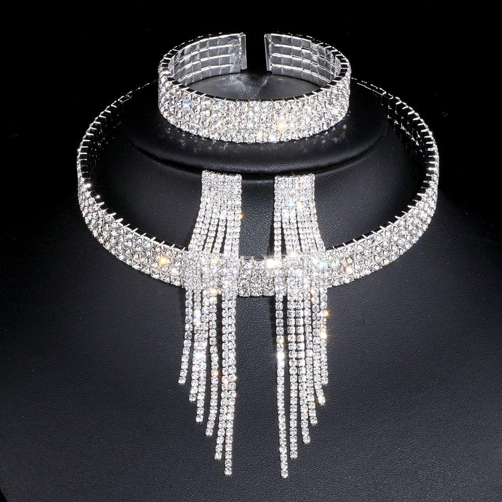 Classic Elegant Tassel Crystal Bridal Jewelry Sets In African Rhinestone Wedding Style  Necklace Earrings Bracelet Sets For Girls and Women