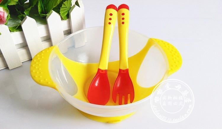 3Pcs Set Baby Dishes With Suction Cup Assist Food Bowl Temperature Sensing Spoon Baby Tableware Baby Utensils Spoon+Fork