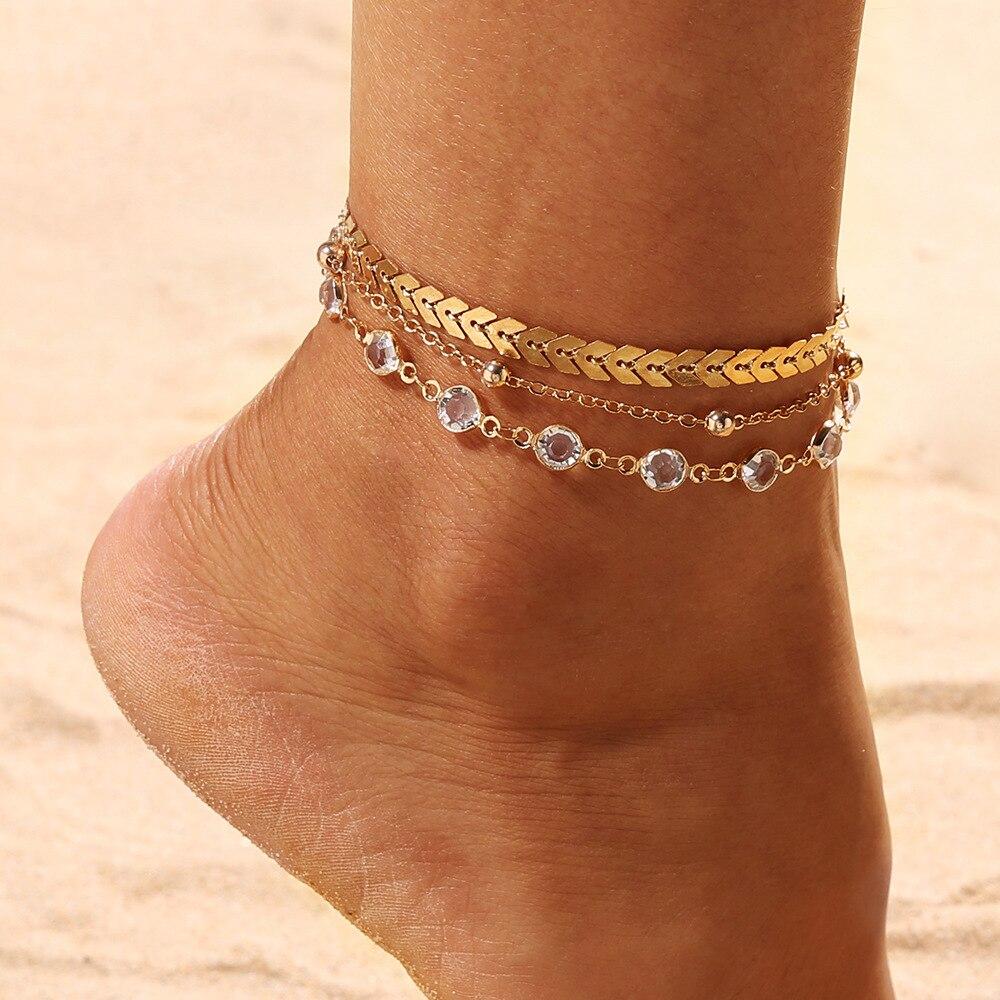 Round Beaded Bohemian Anklet For Women Accessories Gold Layers Leaf Barefoot Brecelets For WOman Legs and Sandals