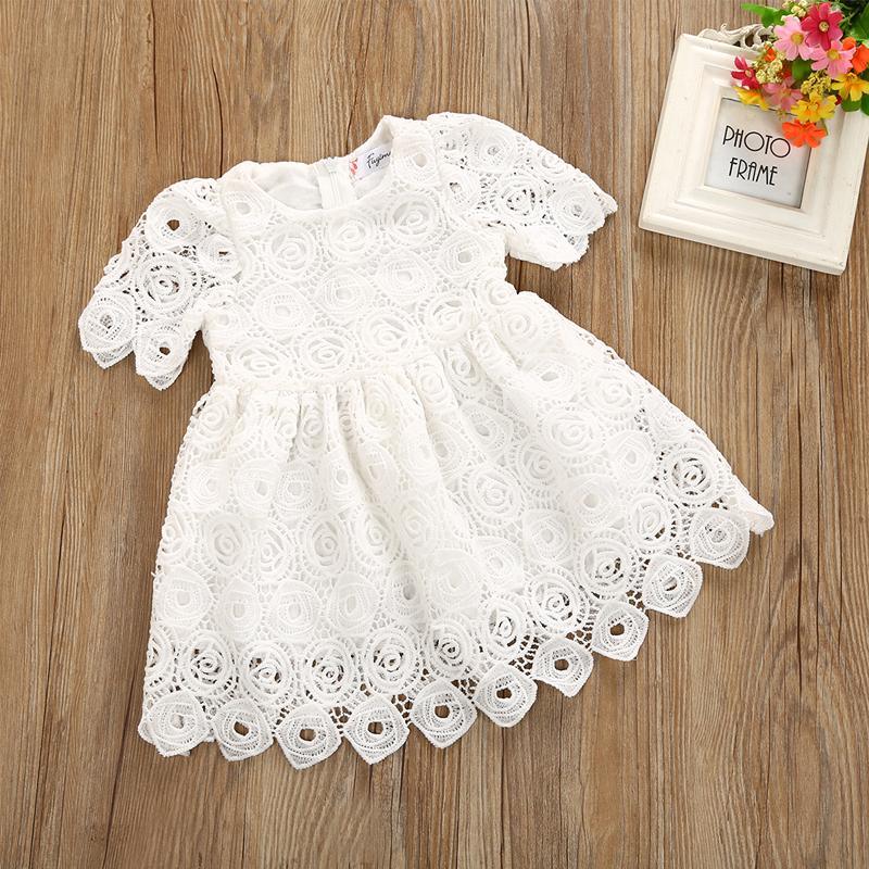 Handmade Classic Baby Girls Dress with Princess Floral Lace And Hollow Out Short Sleve Party Dress For Girls