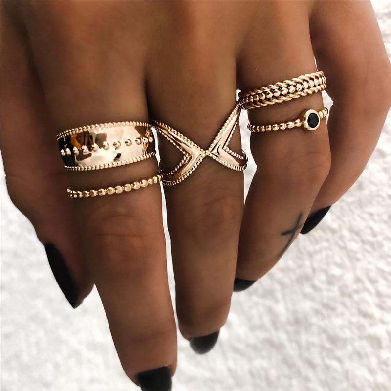 NEW 2020 Tren Bohemian Vintage Gold Crescent Geometric Ring Set for Women In Crystal Personality Design Ring Set Party Jewelry Gift