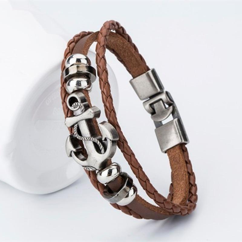 Endless August New Pirate Style Alloy Stainless Steel Anchor Bracelet For Men Genuine Cow Leather Bracelet Jewelry Bangles