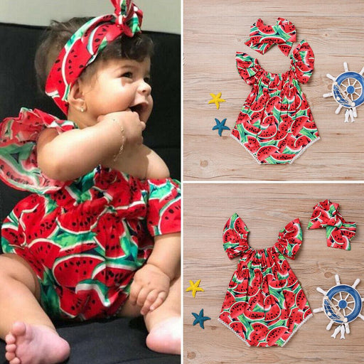 2PCS Newborn Baby Girl Watermelon Summer  Cute Bodysuit Jumpsuit Outfit WIth Bow For Girls