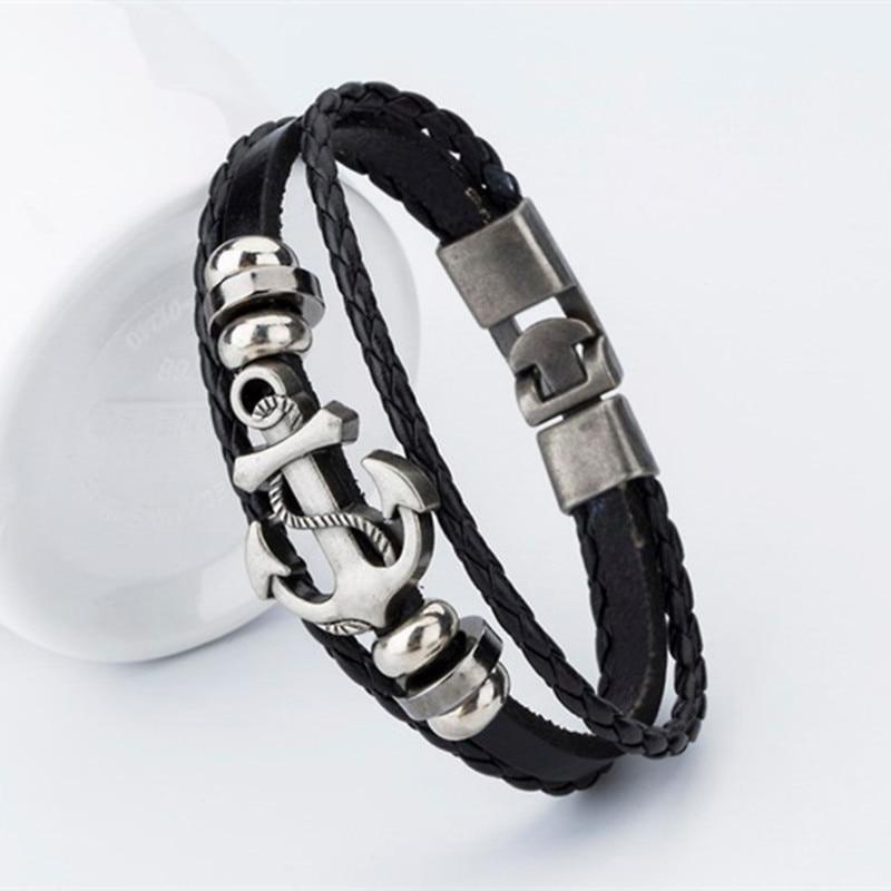 Endless August New Pirate Style Alloy Stainless Steel Anchor Bracelet For Men Genuine Cow Leather Bracelet Jewelry Bangles