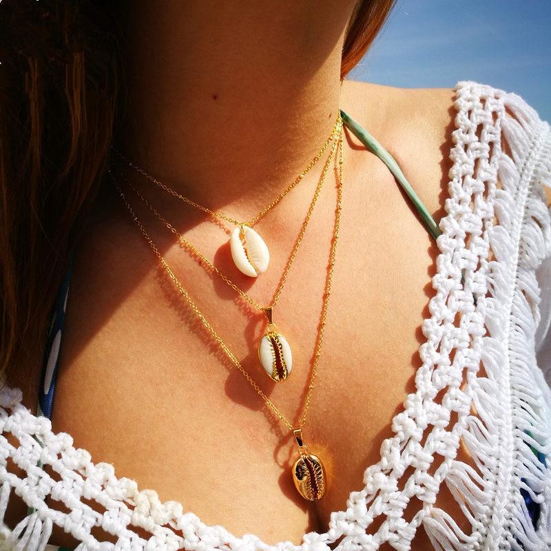 Handmade Luxury Modern Summer Beach Trend Style Bohemian Cowrie Conch Shell Pendant Necklace for Women