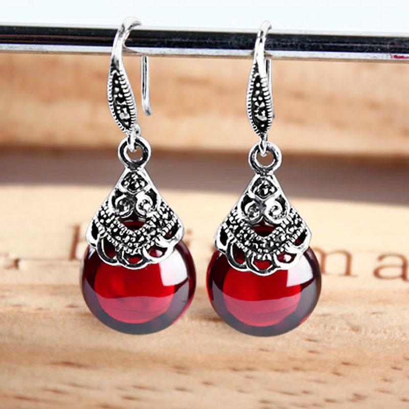 Retro Modern 925 Sterling Silver Elegant Round Garnet Drop Earrings For Women Luxury Trend Natural Red Gemstone Ruby