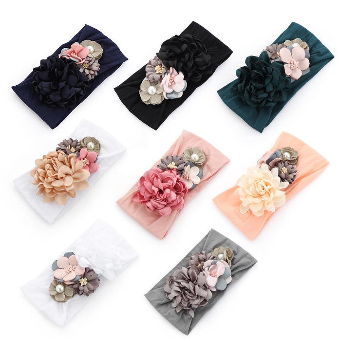 Luxury Handamde Pearl Baby Kids Fashion Headbands Nylon Flower Girl Hairband Pearl Turban Soft Bow