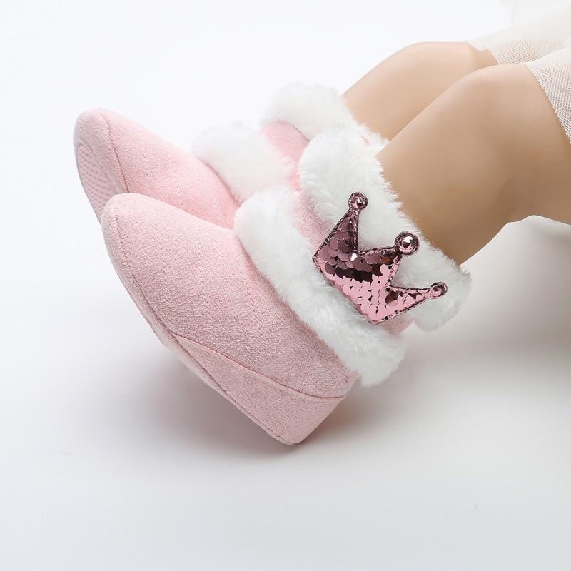 Newborn Infant Baby Girls Winter Warm Crown Fur Mid-Calf Length Slip-On Furry Boots 0-18M