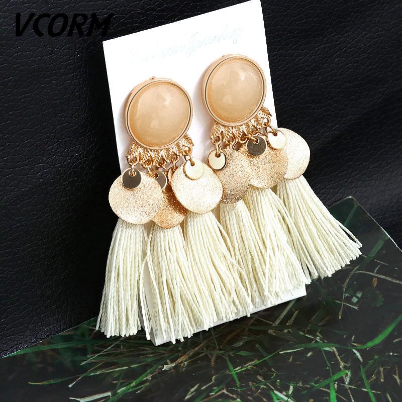 Bohemian Tassel Crystal Long Drop Earrings for Women Red Cotton Silk Fabric Fringe Earrings Fashion Woman Jewelry