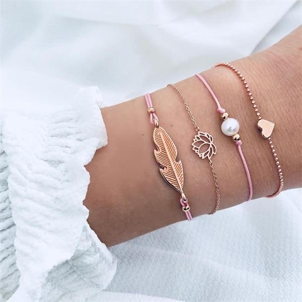 Luxury Modern  Gold Crystal Circle Arrow Bracelets Set for Women In Bohemian Pink Opal Adjustable Charm Bracelet Jewelry Style for Women and Ladies