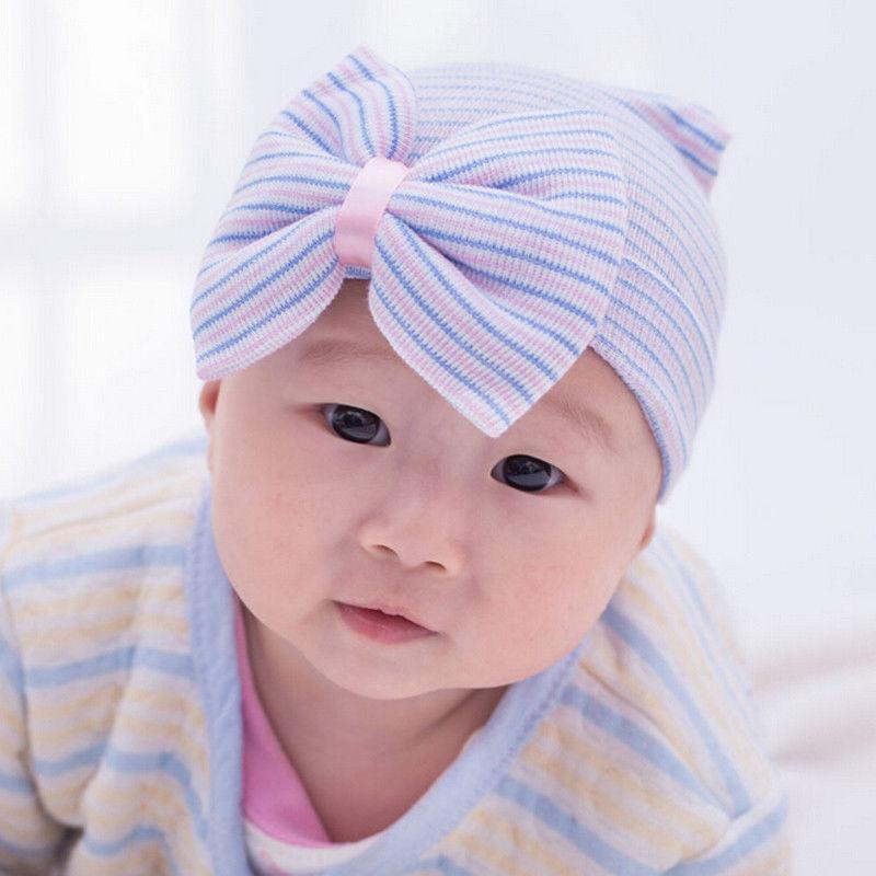 Newborn Baby Girls Striped Headband Headwear Toddler Soft Hat with Bow For Baby Girls