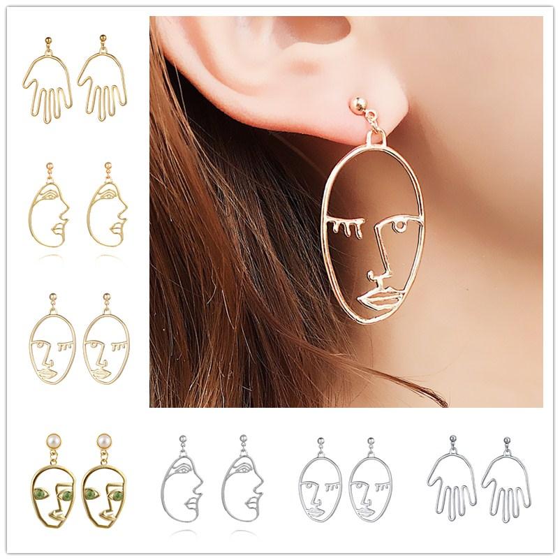 Handmade Abstract Art Earrings Gold Color Hand Palm Face Crystal Dangle Earrings For Women