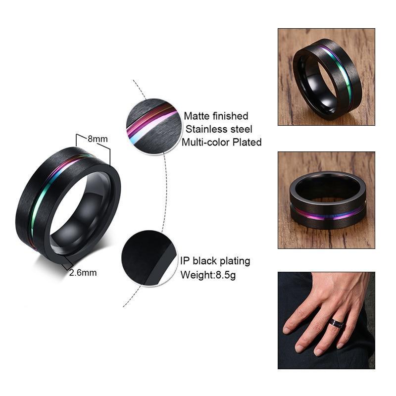 Modern Black Stainless Steel Elegant Ring For Men With Rainbow Line Classic Male Wedding Band Luxury Multi Color Great Jewelry Fraternal Rings