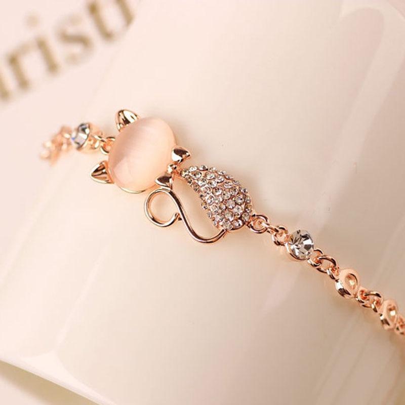 New Rose Gold Alloy Elegant Lovely Cat Bracelets Luxury For Women Femme Children Girl Gift Jewelry Charms Crystal Opals Rhinestone Bangle Chain