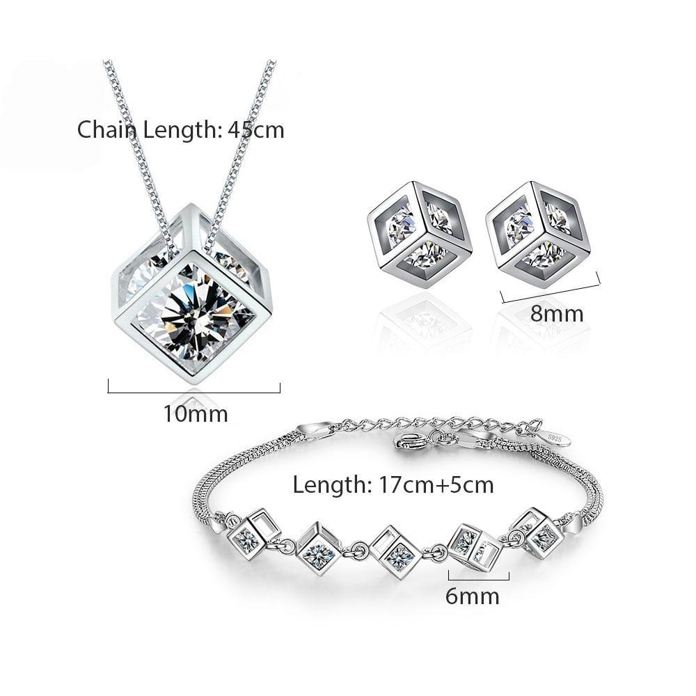 New Style Stamp Silver Color Jewelry Luxury Sets Zircon Elegant Square Cube Necklace Earrings Bracelet For Women