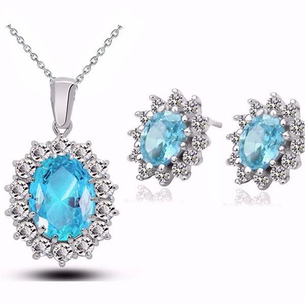 Luxury Elegant Juwelery Set For Ladies IN Blue Crystal Stone Wedding Jewelry Style  For Brides Silver Color Necklace Set For Women