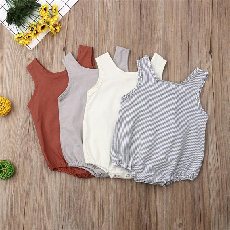 Modern Retro Summer Newborn Baby Girl / Boy Sleeveless Button Bodysuit Outfits Set Romper In elegant Deisgn