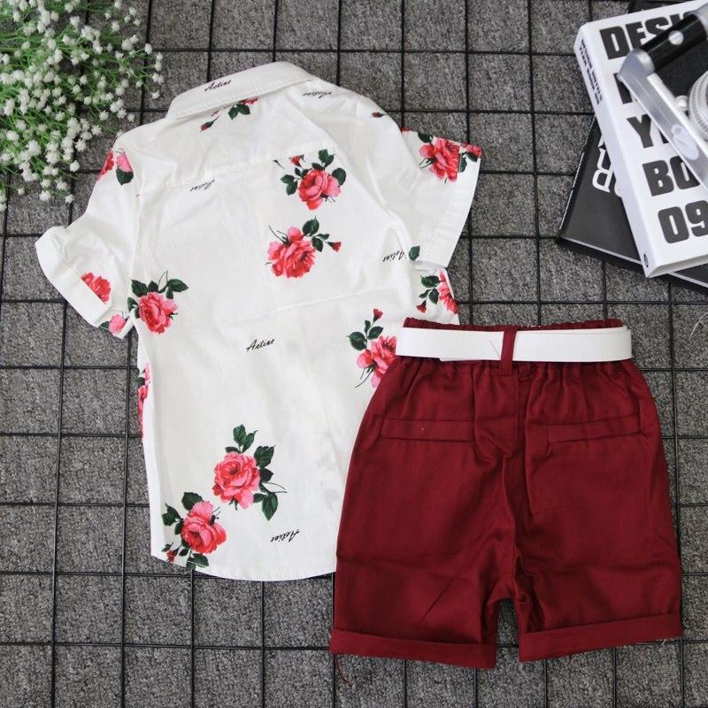 Floral Boy Gentleman Outfits Suit Short Sleeve Toddler Bow Tie Shirt Tops +Red Shorts Summer Set For Boy Kids Form 1-5 Years