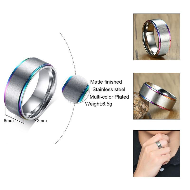 Modern Black Stainless Steel Elegant Ring For Men With Rainbow Line Classic Male Wedding Band Luxury Multi Color Great Jewelry Fraternal Rings