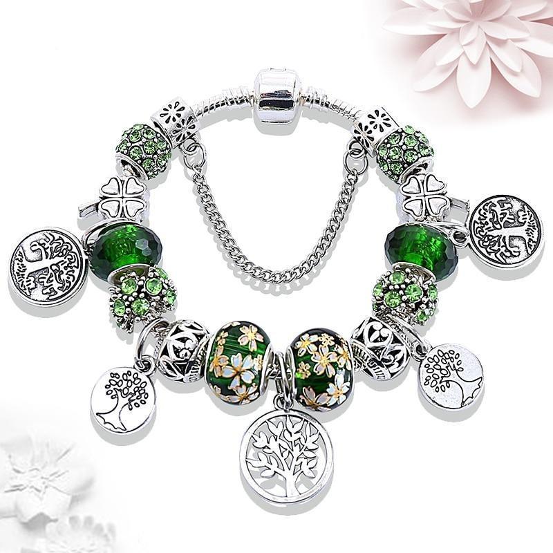 Elegant Modern Amazing Fashion New Luxury Silver Tree of Life Fashion Bracelet Green Leaf Crystal Charm Bracelet