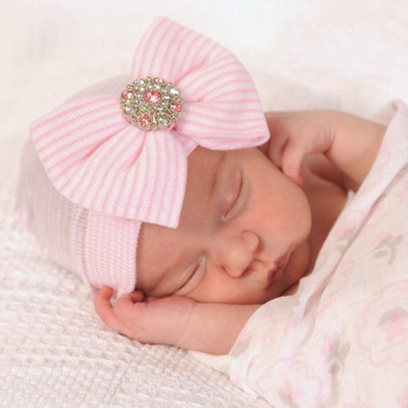 Luxury Modern Diamon Cute Newborn Baby Infant Girl Toddler Comfy Bowknot Hospital Cap Beanie Hat Bow For Baby Kids