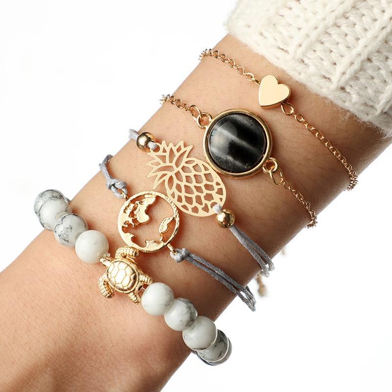 Modern Elegant Luxury Jewely Amazing Epic Set Outstanding Pineapple Heart Map Stone Gem Bangles Bracelets Set For Women