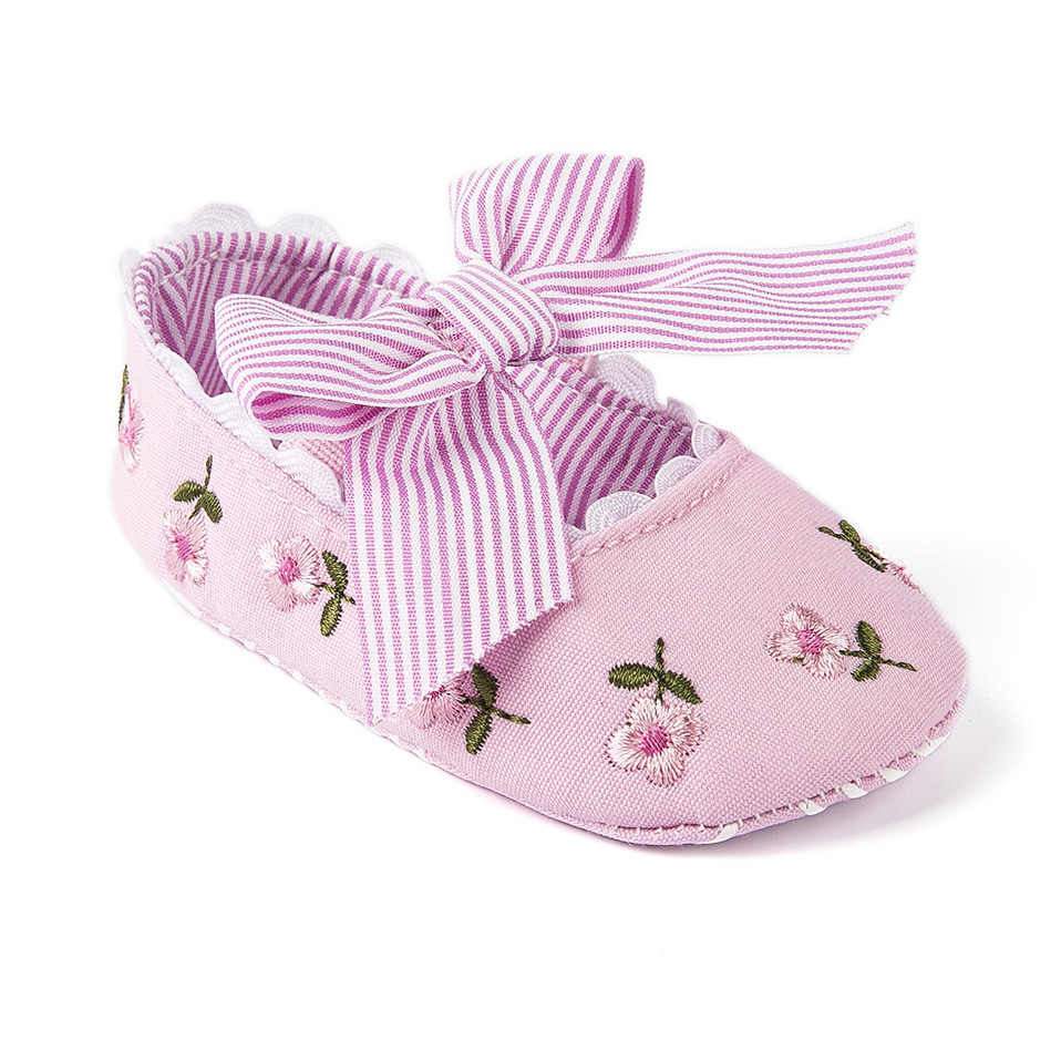 Baby Girl Newborn Shoes Floral Embroidery Striped Bowknot First Walker Soft Soles Anti-Slip Princess Shoes