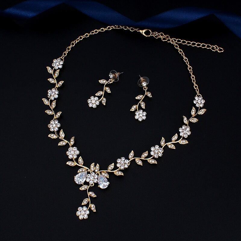 Classic Bridal Jewellery Sets for Women's Dresses Accessories Cubic Flower Necklace Earrings Set Gold Color