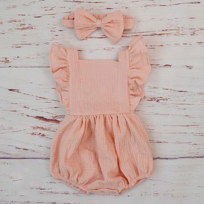 Cotton Baby Girl Double Ruffle Romper Jumpsuit with Headband  Playsuit For Newborn With Bow