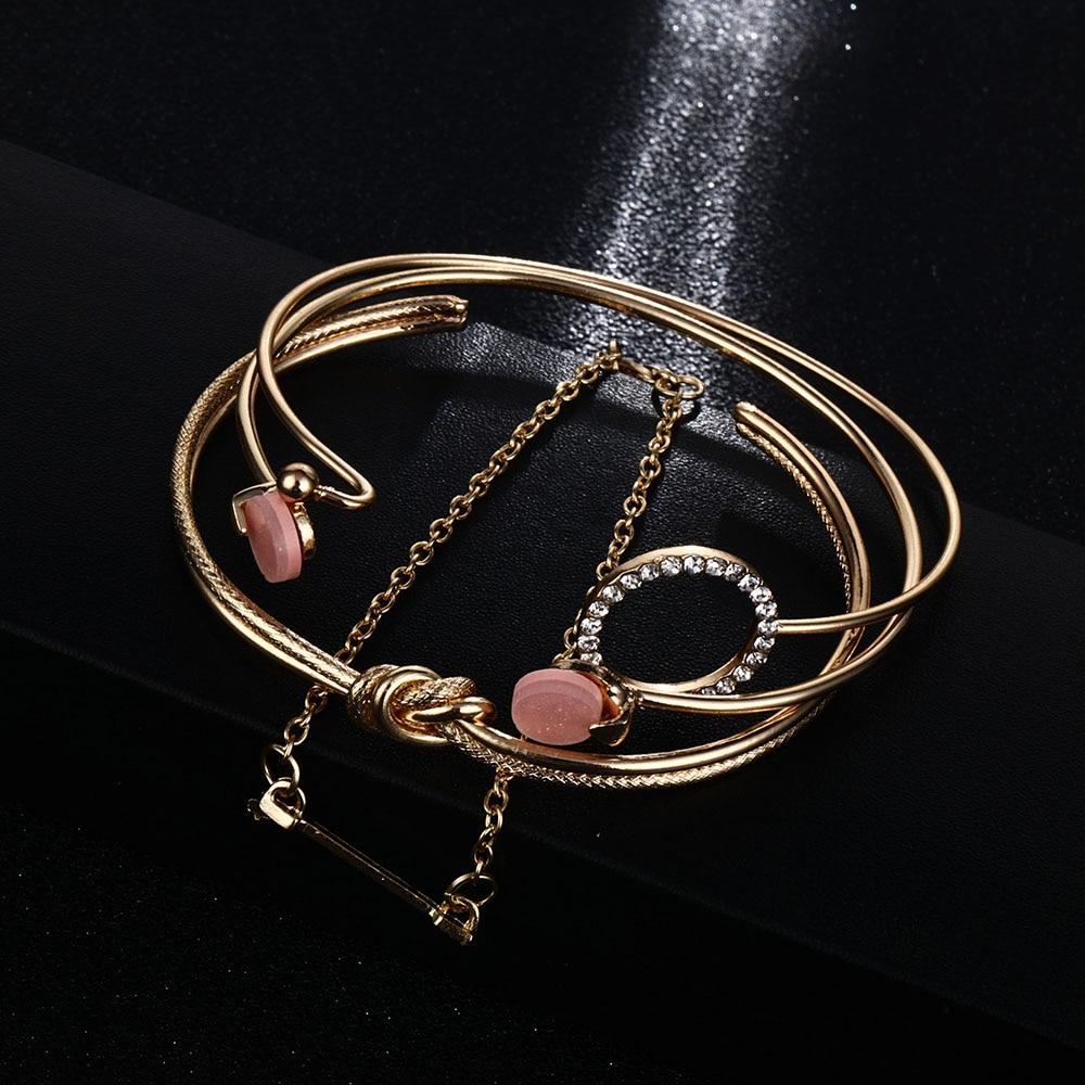 Luxury Modern  Gold Crystal Circle Arrow Bracelets Set for Women In Bohemian Pink Opal Adjustable Charm Bracelet Jewelry Style for Women and Ladies