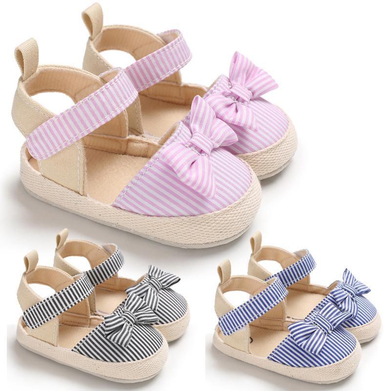 Newborn Baby Girl Striped Bow Sandals Soft Shoes Infants Anti-Slip Sneaker New Fashion Clogs 0-18M