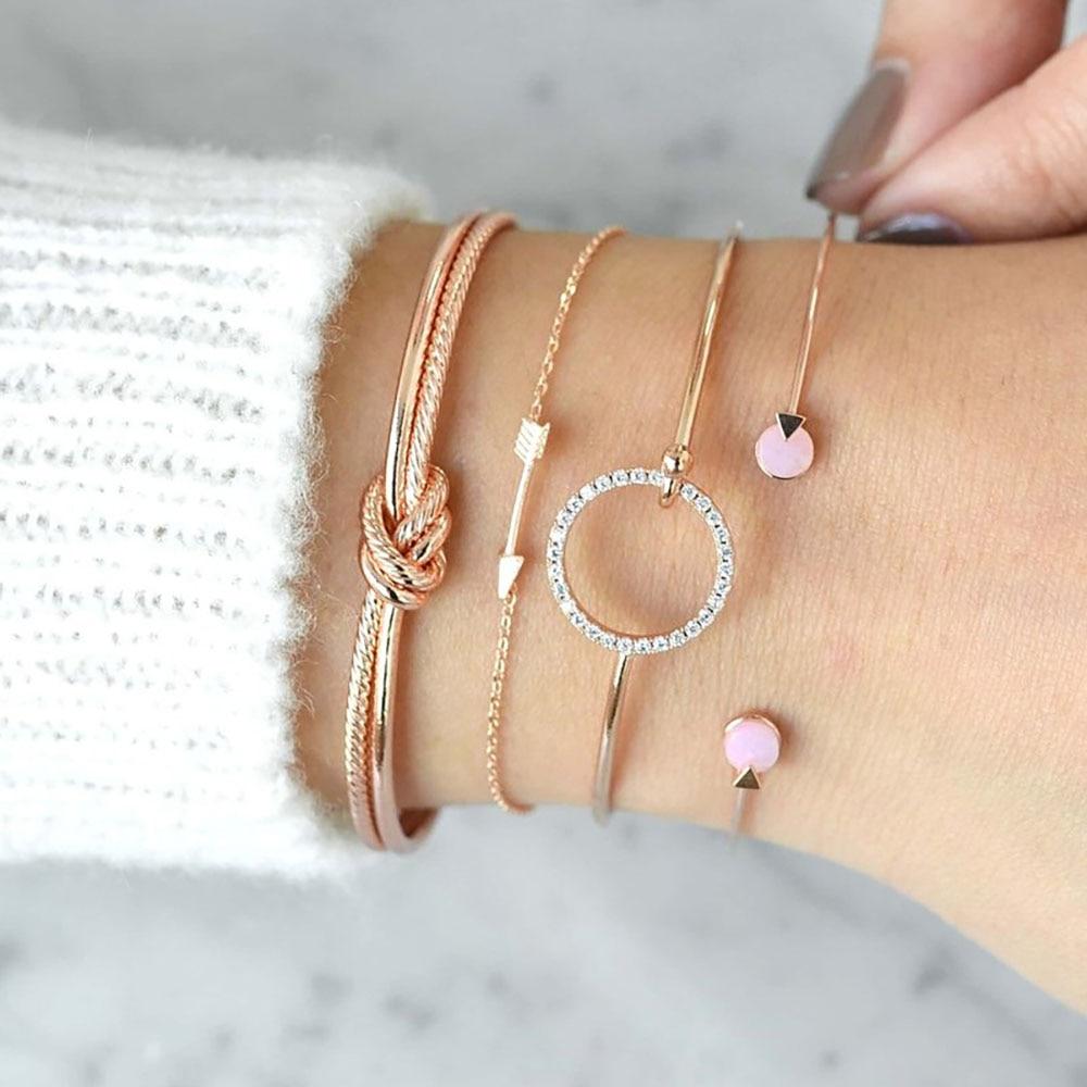 Luxury Modern  Gold Crystal Circle Arrow Bracelets Set for Women In Bohemian Pink Opal Adjustable Charm Bracelet Jewelry Style for Women and Ladies