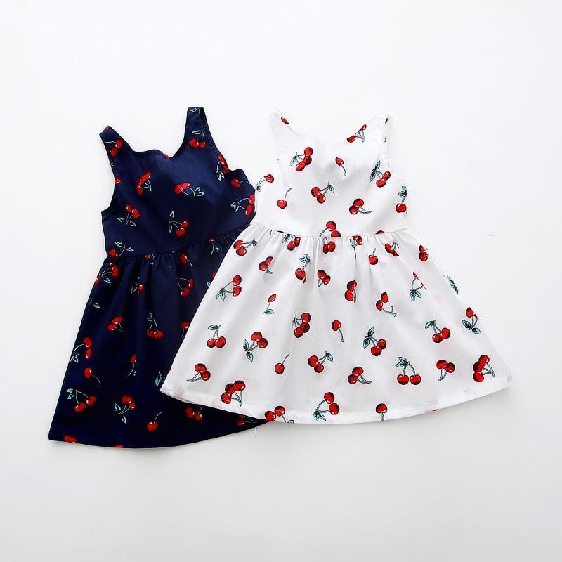 Luxury Modern Summer Girl Dress Children Kids Cherry Dress V-Back Dress Baby Cotton Kids Vest halter dress For Girls