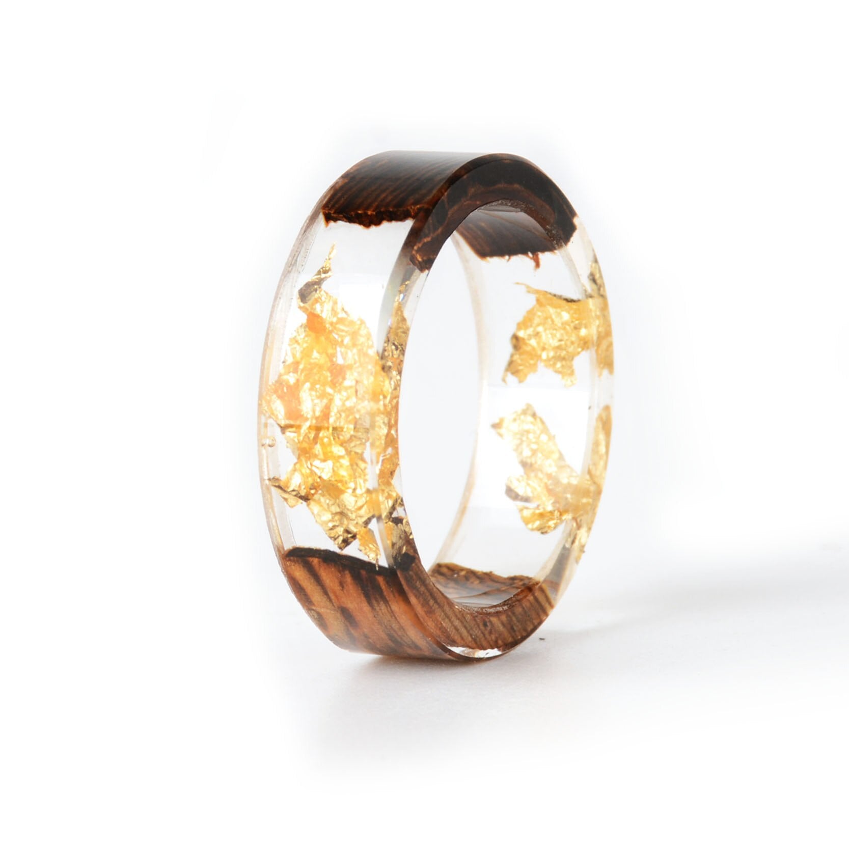 Handmade Elegant Romantic Dried Colorful Real Flower Wood Resin Epoxy Ring Gold Foil Inside Ring for Women