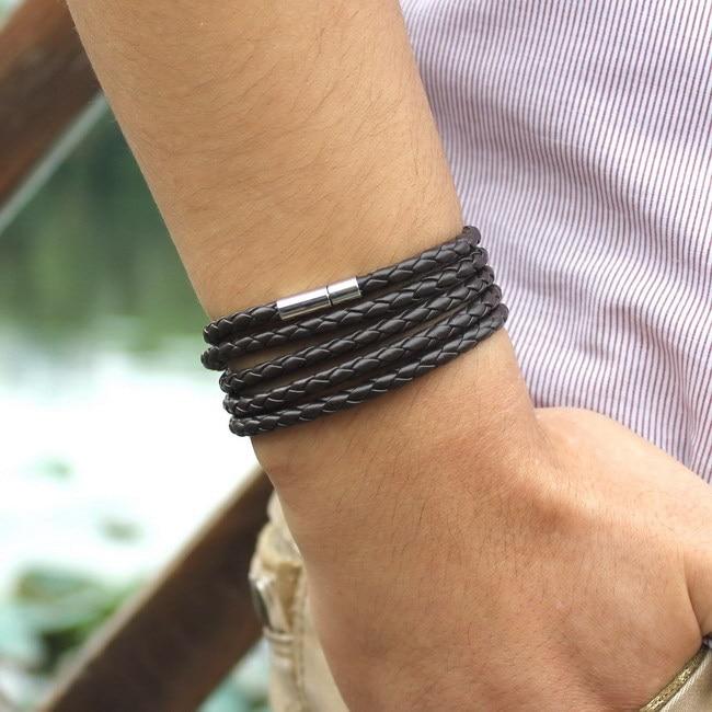 NEW Trendy Black Retro Wrap Long Leather Men Brecelets Bangles Fashion Sporty Chain Link Male Charm Bracelet