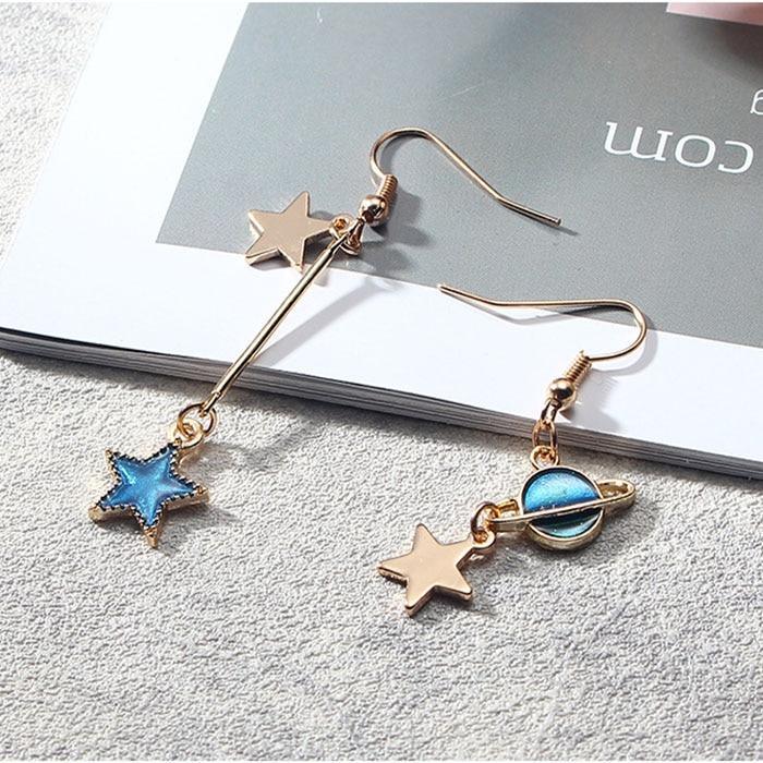 New Modern Fashion Blue Space Universe Elegant Moon Star Luxury Earrings For Women Perfect Gold Color Universe Planet Circle Asymmetry Trendy Long Earrings