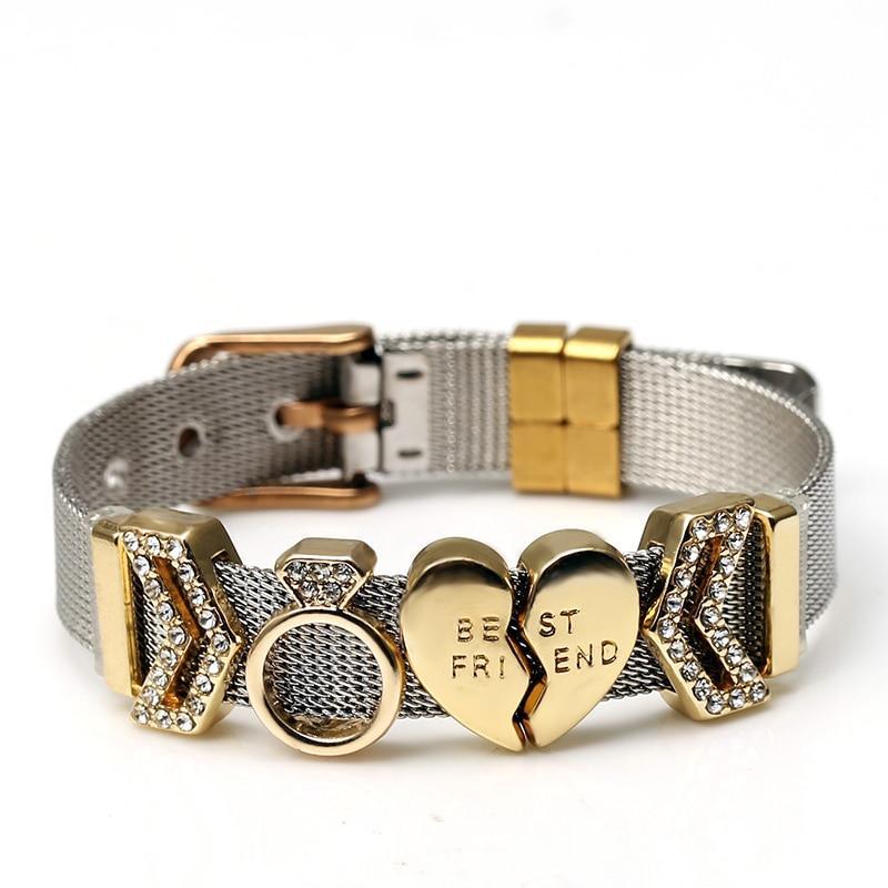 Two-tone Stainless Steel  Bracelets For Women Men Golden Love Heart Beaded  Ribbon  Bracelet & Bangle Gifts