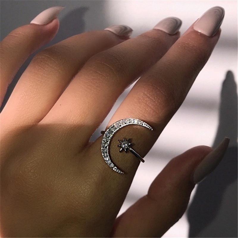 New Fashion Crytal Ring Moon & Star Dazzling Open Finger Rings for Women Girls Wedding Engagement Jewelry Gift