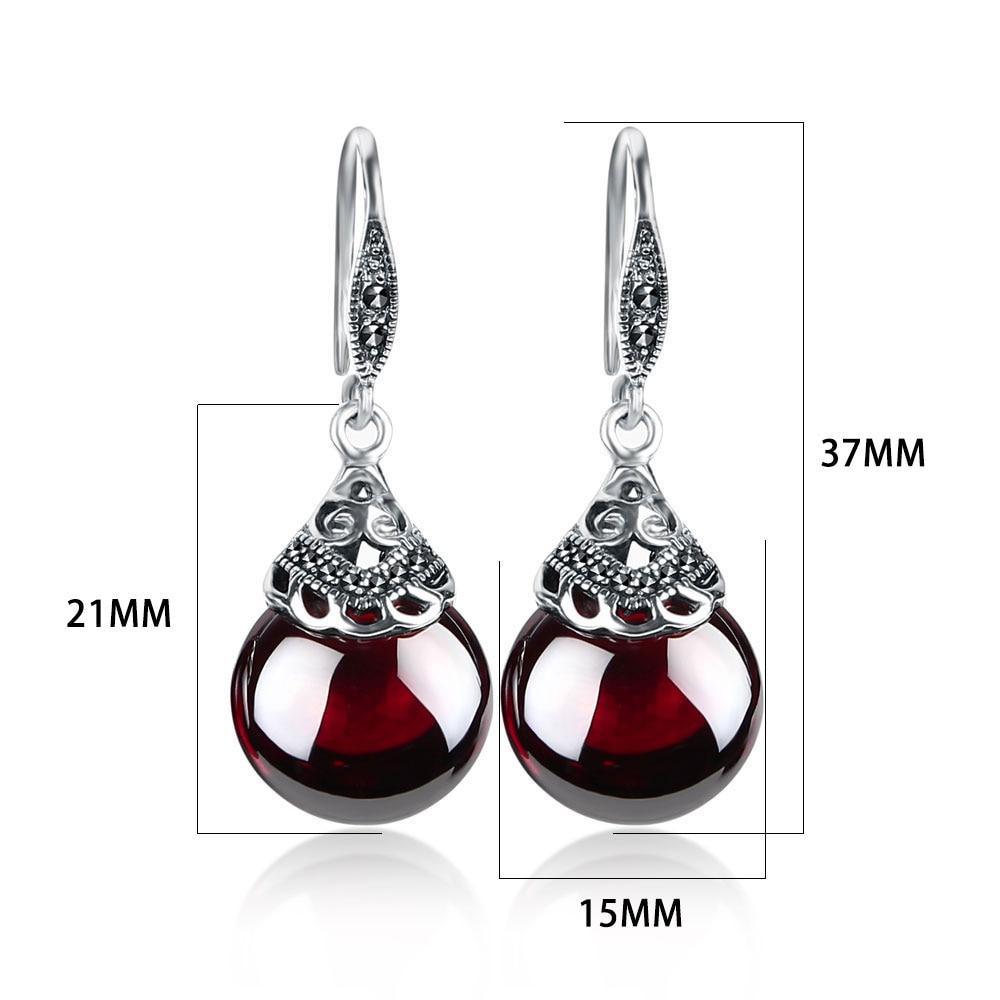 Retro Modern 925 Sterling Silver Elegant Round Garnet Drop Earrings For Women Luxury Trend Natural Red Gemstone Ruby