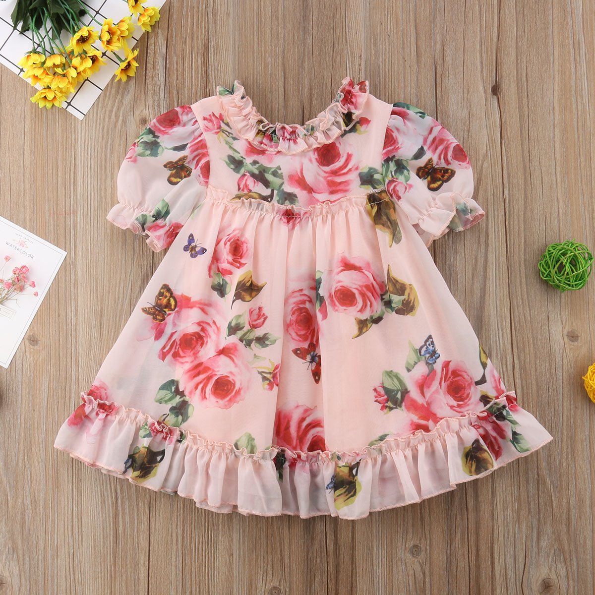 Cute Baby Girls Dress with  Flower Puff Sleeves A -line Dress For Baby Girls for Holiday Party