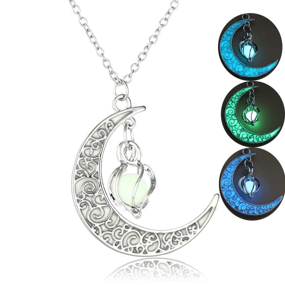 Modern Amazing Moon Glowing Necklace Gem Charm Elegant Jewelry Silver Plated Women Halloween Pendant Hollow Luminous Stone Pendant Perfect Necklace Gifts